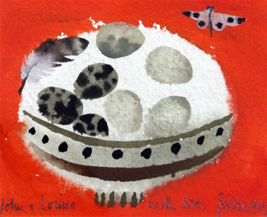 § Mary Fedden (1915-2012) Birds egg and feather on orange, 4 x 5in.